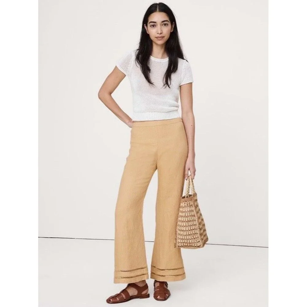 Banana Republic Mid Rise Kick Flare Lace Trim Linen Ankle Pant Stone Khaki 6 P